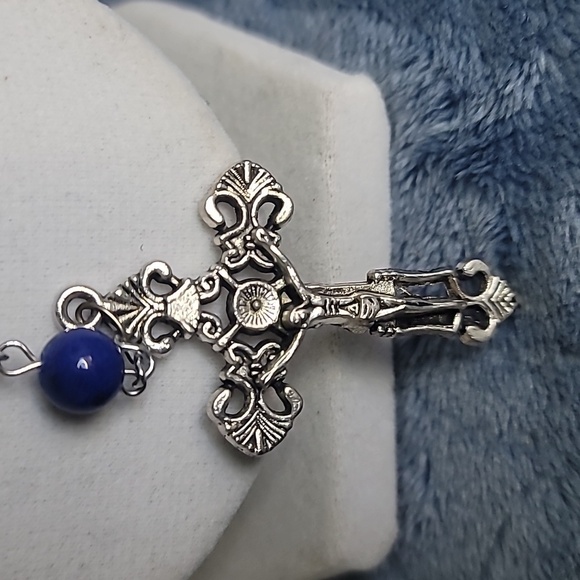 Elegant Rosary Beads White Ceramic & Blue Glass Beaded Necklace 20" - Picture 5 of 5